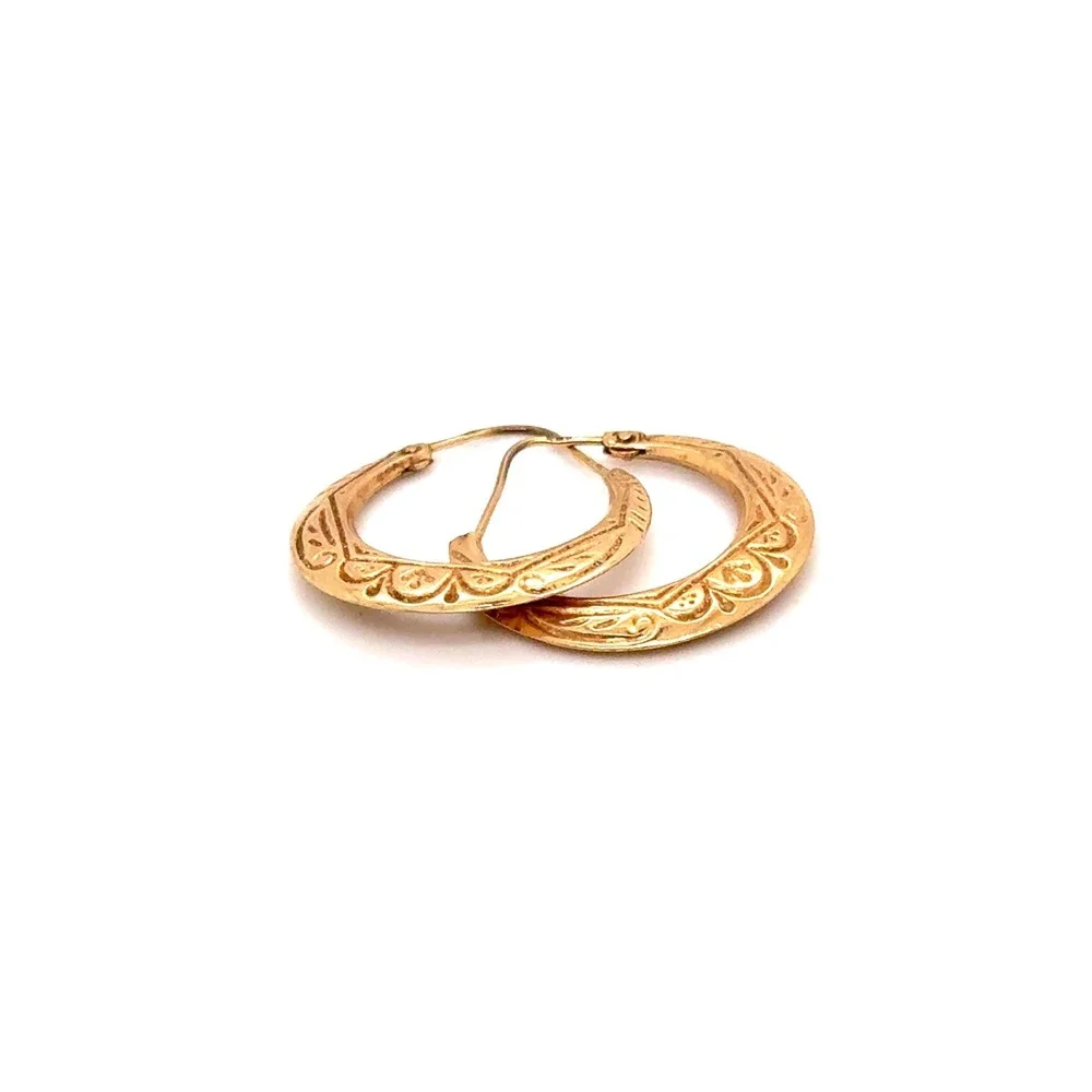 14k Yellow Gold Etched Scroll Hoop Earrings 1.5g Latch Back Vintage Style